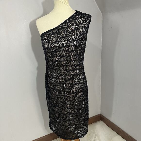 David Meister Black Lace One Shoulder Sequin Cocktail Dress Evening Formal Sz 12 - Picture 9 of 11